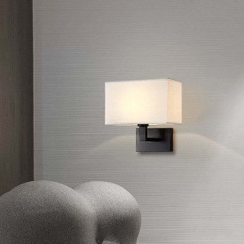 Postmodern Cube Fabric 1-Light Bedside Reading Wall Lamp in White/Beige/Brown with Black/Gold Arm | Karnz