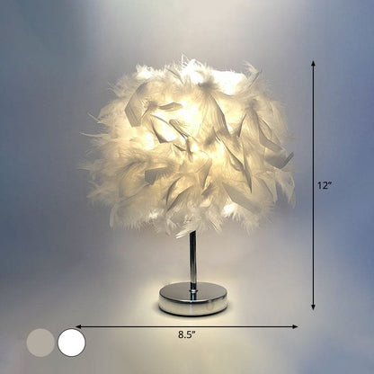 Round Feather Lamp - Decorative Table Lamp for Living Room, Bedside Table & Battery, Dimmable, Wireless | Karnz