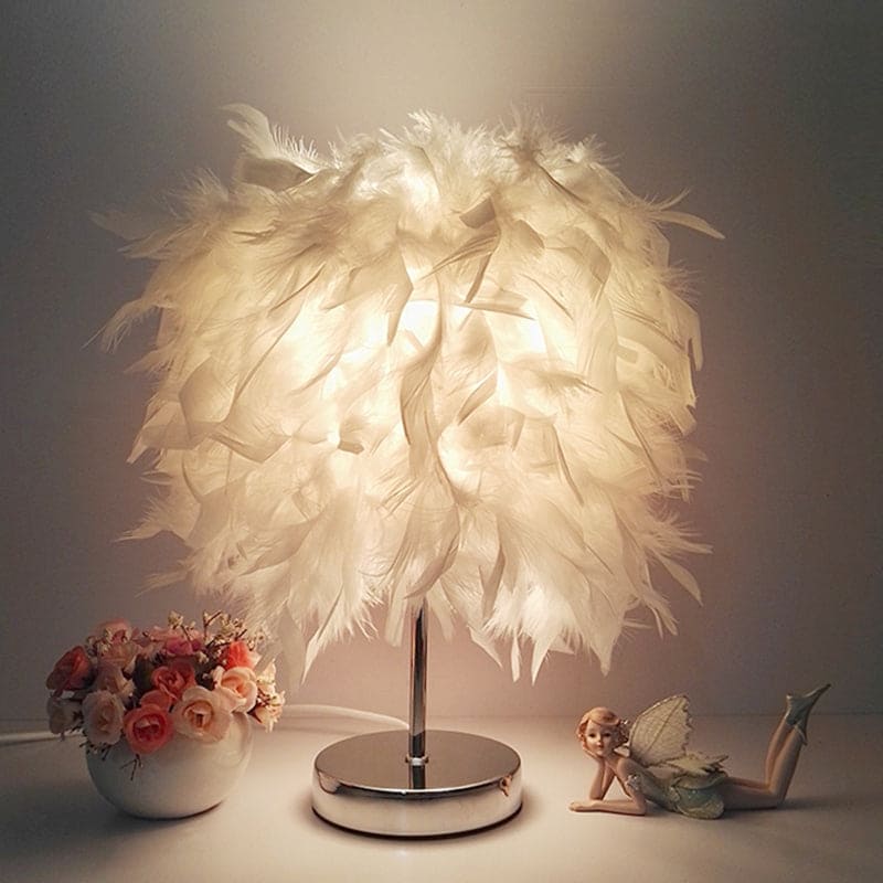 Round Feather Lamp - Decorative Table Lamp for Living Room, Bedside Table & Battery, Dimmable, Wireless | Karnz