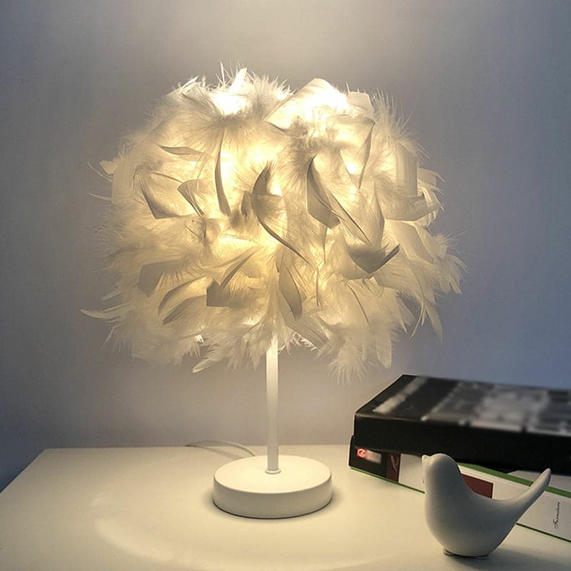 Round Feather Lamp - Decorative Table Lamp for Living Room, Bedside Table & Battery, Dimmable, Wireless | Karnz
