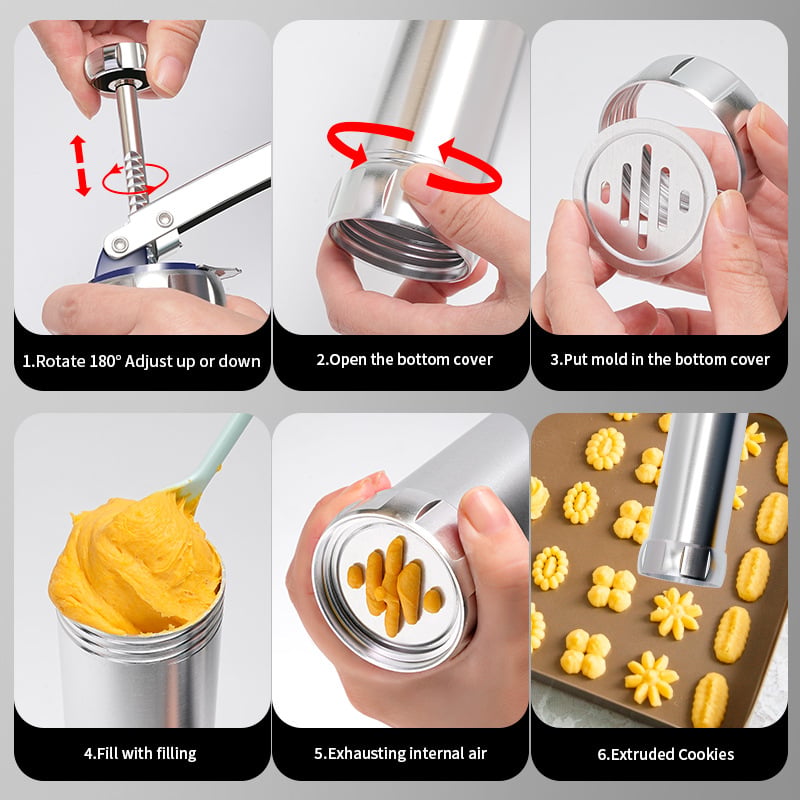 BowLift | Cookie Press Kit | 20 Stainless Steel Discs & 4 Nozzles | Adjustable Size & Easy Clean | BakeJoy