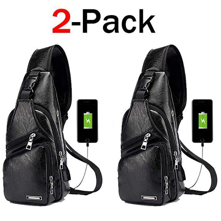 Karnz | Large Men's Leather Bag Chest Backpack Waterproof Crossbody Bag with USB