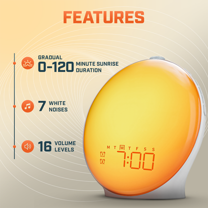 Skanto | Wake-Up Sun Lamp Alarm Clock | Gradual Sunrise Glow & Customizable Sounds for Gentle Mornings