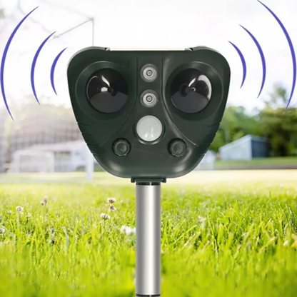 Solar ultrasonic bird repeller device, waterproof, for outdoor use
