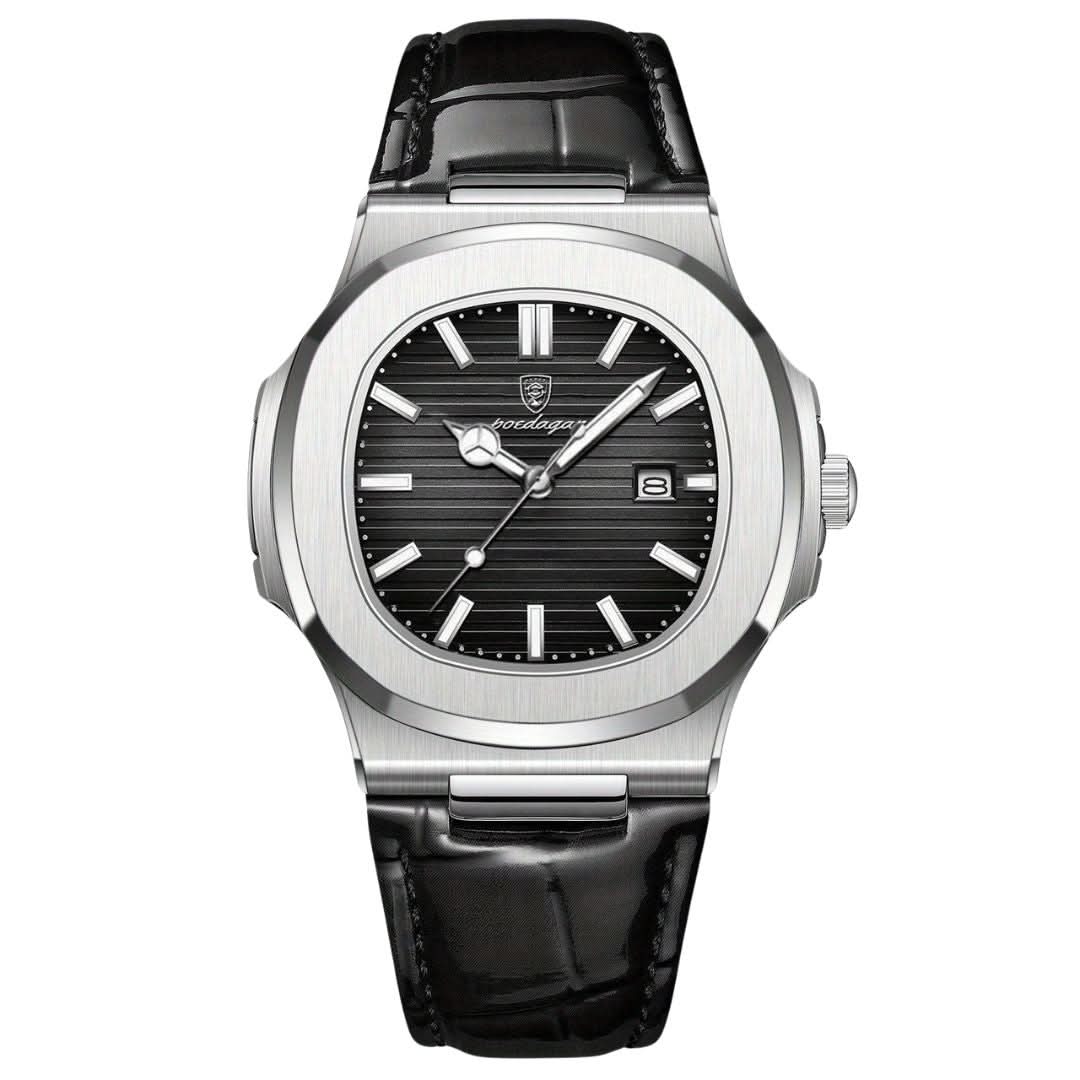Men's stainless steel wristwatch with quartz movement and date display