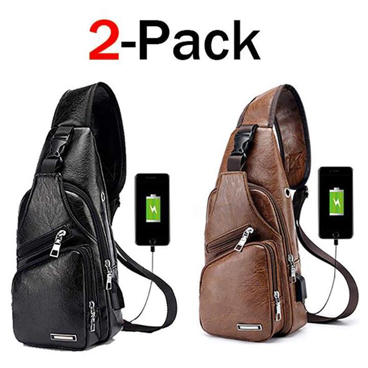 Brehn | Large Men's Leather Bag Sling Bag Waterproof Crossbody Bag with USB