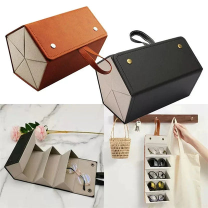 5-Slot Travel Foldable Sunglasses Organizer- Leather Hanging Eyeglasses Case Bowlift