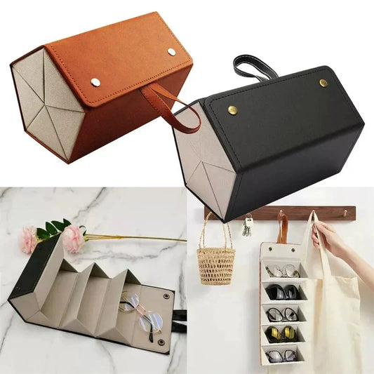 5-Slot Travel Foldable Sunglasses Organizer- Leather Hanging Eyeglasses Case Bowlift