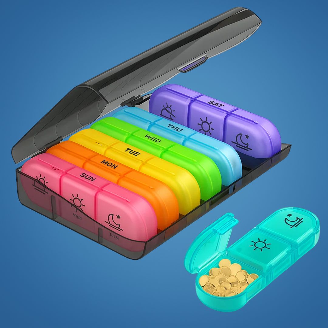 MediTrack | Weekly Pill Organizer – Improves Medication Adherence - Easy‑Open Large Compartments – BPA‑Free Durable – Travel & Seniors Bowlift