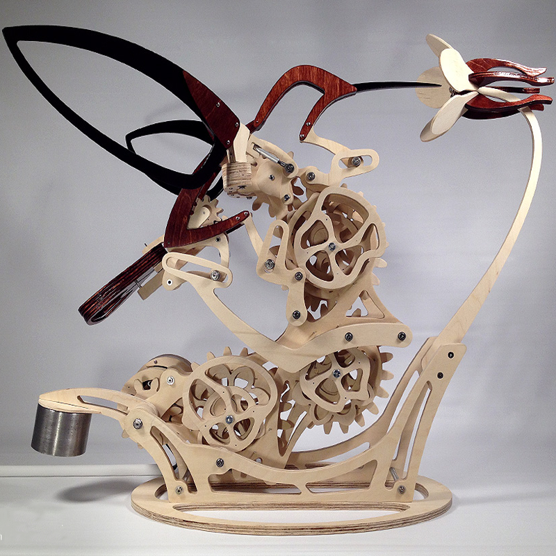 BowLift | Wood kinetic hummingbird sculpture