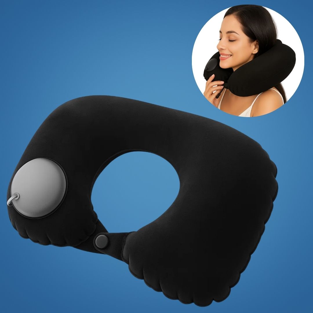 TravelThrive | Inflatable Travel Neck Pillow – Adjustable Firmness – Soft Velvet Cover – Neck Pain Relief – Compact for All Journeys Bowlift
