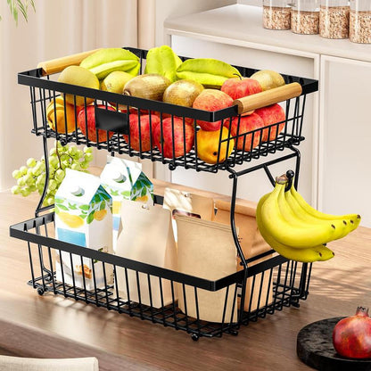 BowLift | 2-Tier Metal Fruit & Vegetable Storage Rack with Hooks