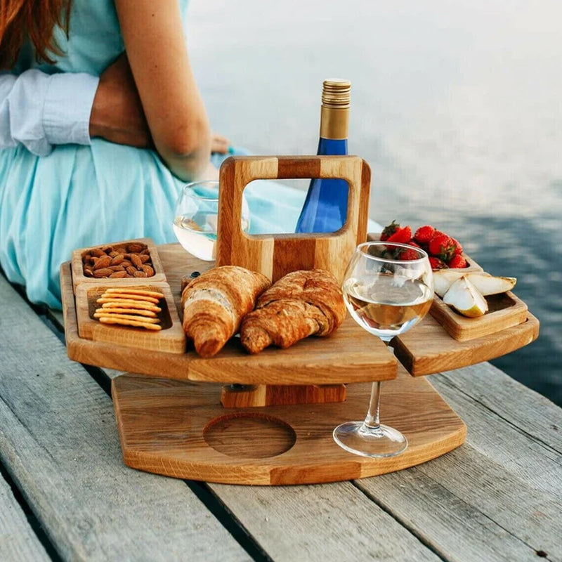 BowLift | Compact picnic table with wooden bottle holder