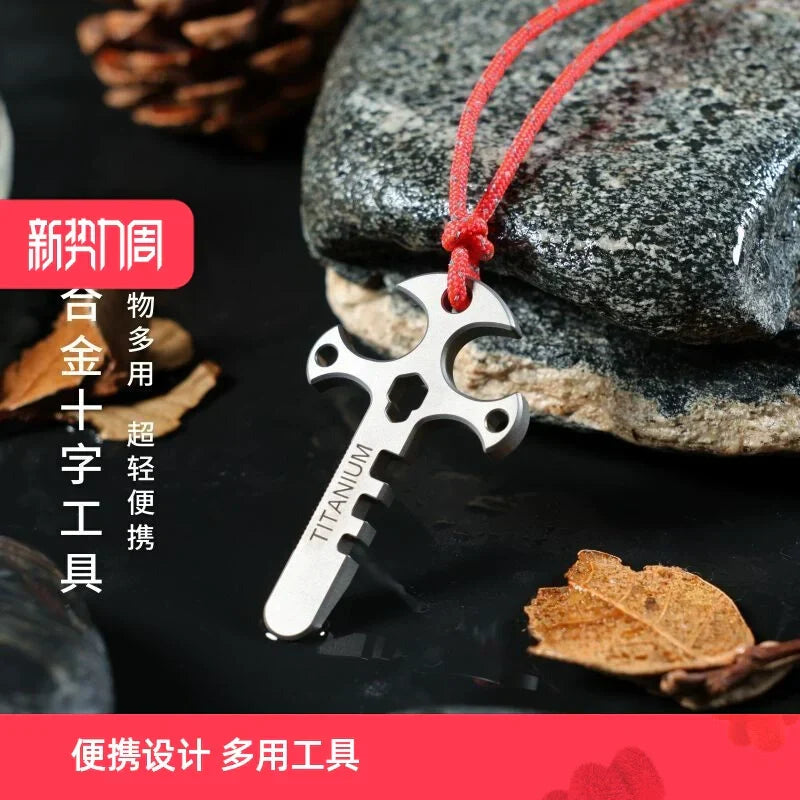 BowLift | Titanium Cross Multi-Tool Keychain - Portable Pry Bar, Bottle Opener & Serrated Necklace
