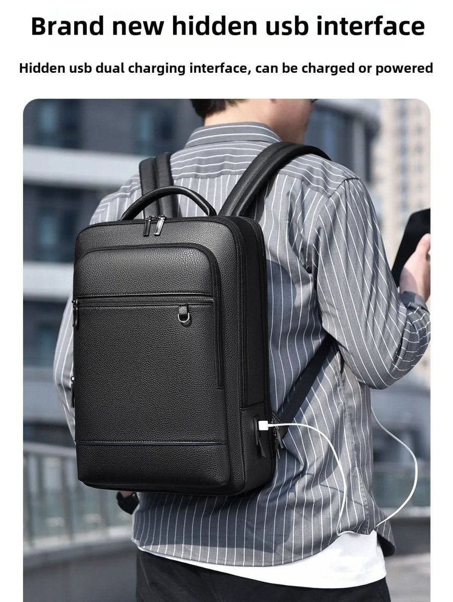 Skanto | Elegant Leather Backpack for Men/Women with USB Port for Laptop and Everyday Use, 15.6 Inch, Black