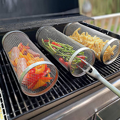 BowLift | 2-piece: Portable BBQ Rolling Basket Round Stainless Steel Grill