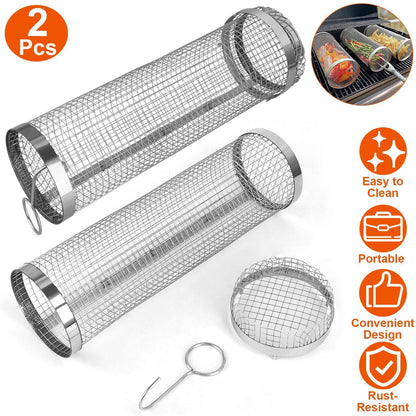 BowLift | 2-piece: Portable BBQ Rolling Basket Round Stainless Steel Grill