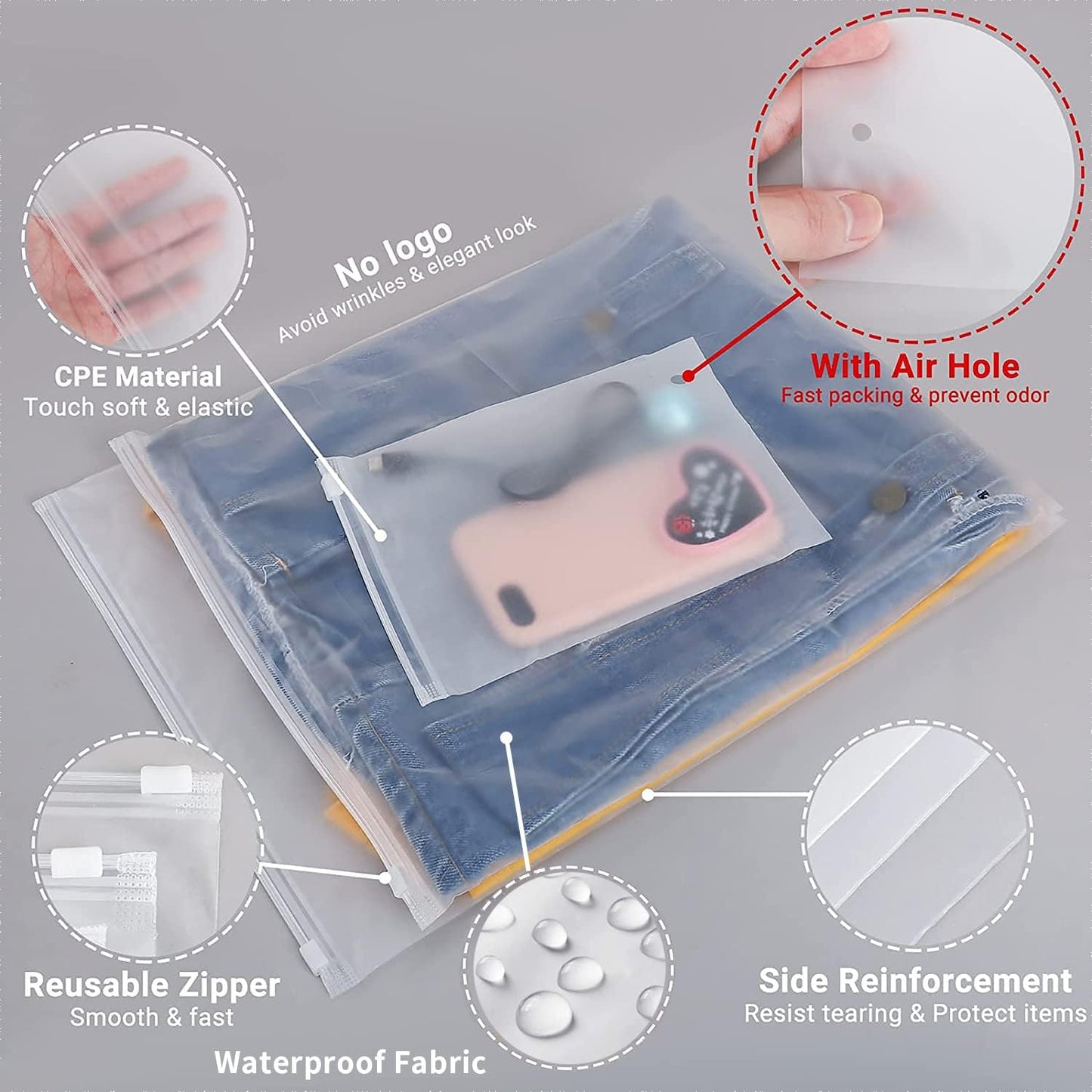 Multipurpose Storage Bags with Frosted Zipper – 20-Pack Plastic Garment Covers (Buy 2 Sets, Get 1 Free)