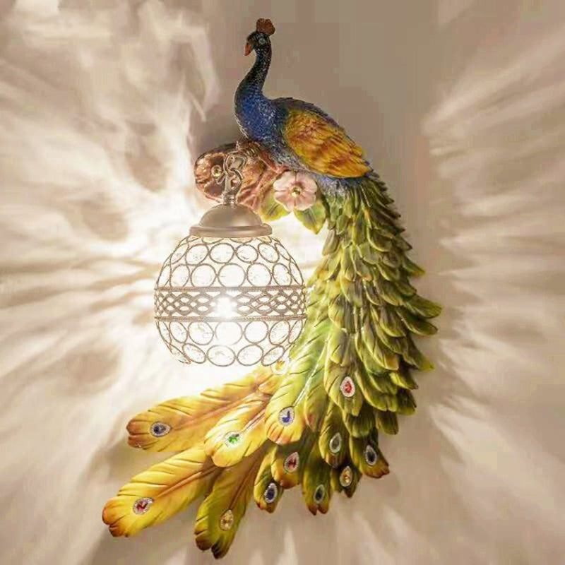 Brehn | Classic Peacock Wall Sconce, 1-Bulb Resin Wall Lamp with Spherical Crystal-Studded Shade