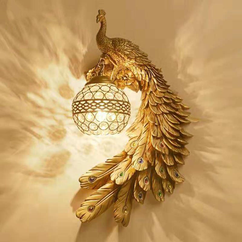 Brehn | Classic Peacock Wall Sconce, 1-Bulb Resin Wall Lamp with Spherical Crystal-Studded Shade