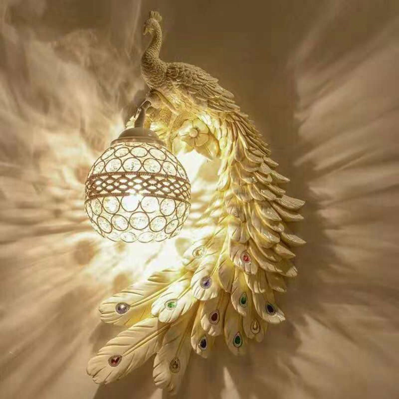 Brehn | Classic Peacock Wall Sconce, 1-Bulb Resin Wall Lamp with Spherical Crystal-Studded Shade