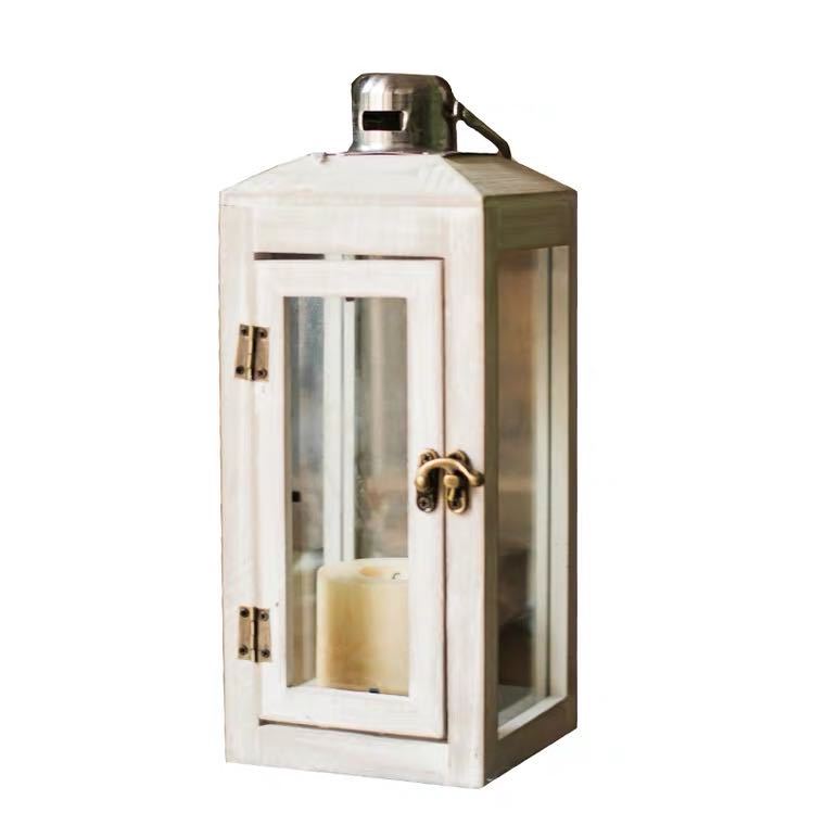 Three-Piece Rustic Whitewashed Wooden Glass Lantern Set with Metal Tops for Candles and Display Acalora