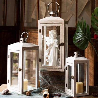 Three-Piece Rustic Whitewashed Wooden Glass Lantern Set with Metal Tops for Candles and Display Acalora