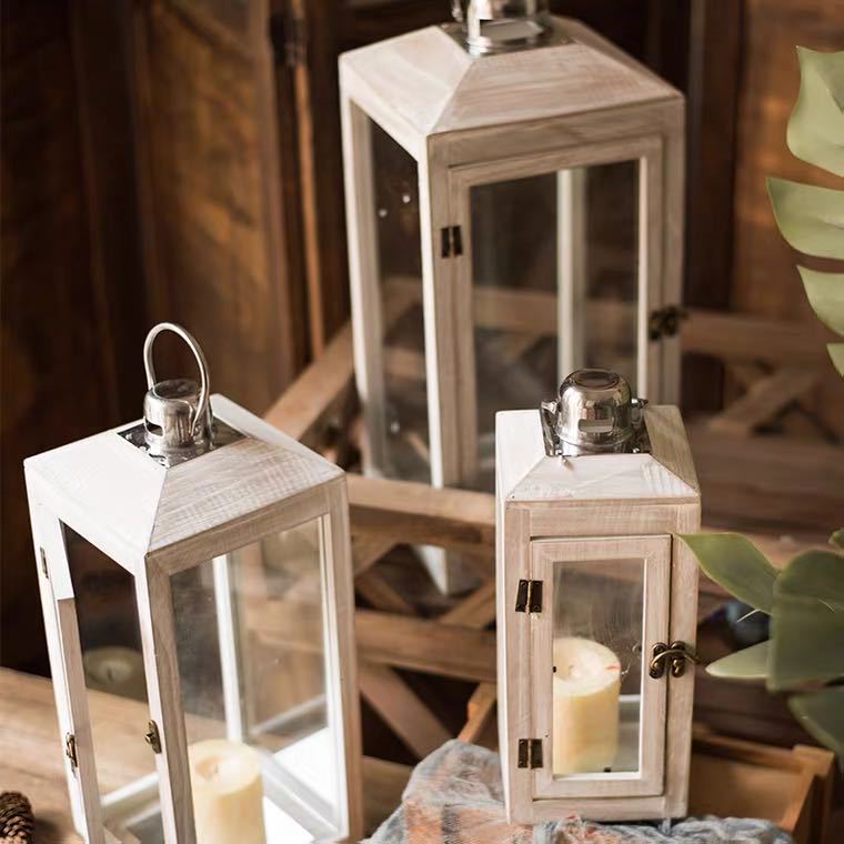 Three-Piece Rustic Whitewashed Wooden Glass Lantern Set with Metal Tops for Candles and Display Acalora
