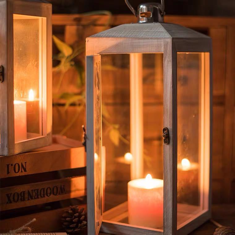 Three-Piece Rustic Whitewashed Wooden Glass Lantern Set with Metal Tops for Candles and Display Acalora