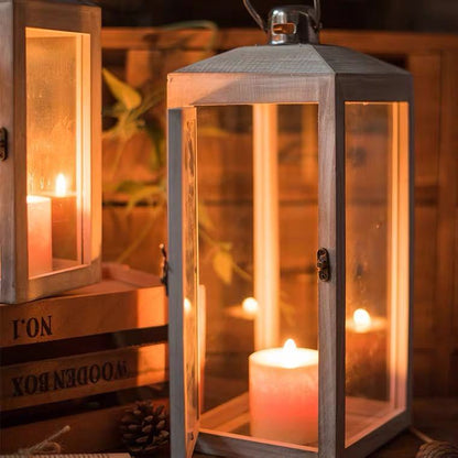 Three-Piece Rustic Whitewashed Wooden Glass Lantern Set with Metal Tops for Candles and Display Acalora