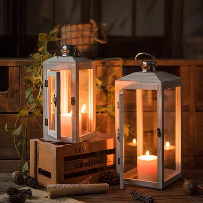 Three-Piece Rustic Whitewashed Wooden Glass Lantern Set with Metal Tops for Candles and Display Acalora