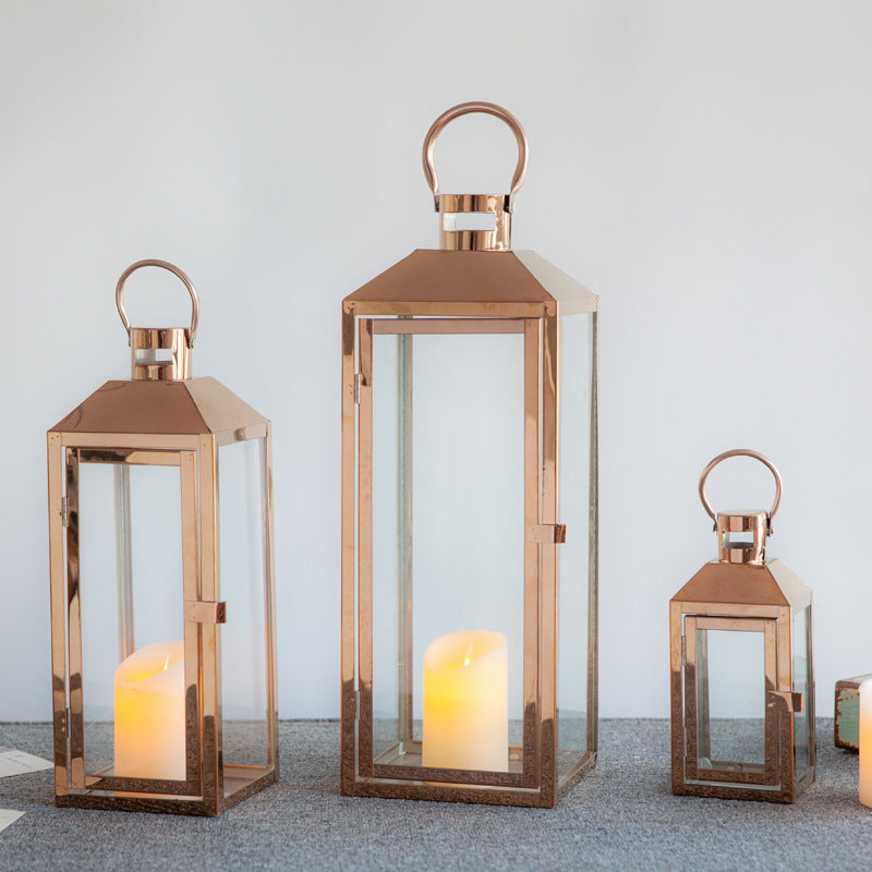 Decorative Gold-Trimmed Glass Lantern Trio with Hinged Door and Carry Ring Acalora