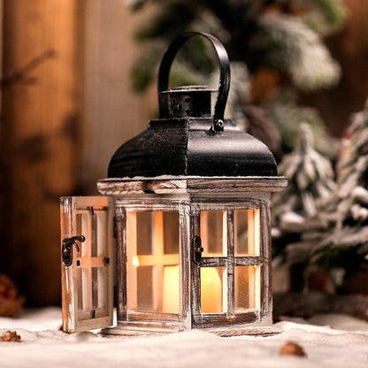 Distressed Wood Glass Candle Lantern with Perforated Metal Top and Vintage Latch Acalora