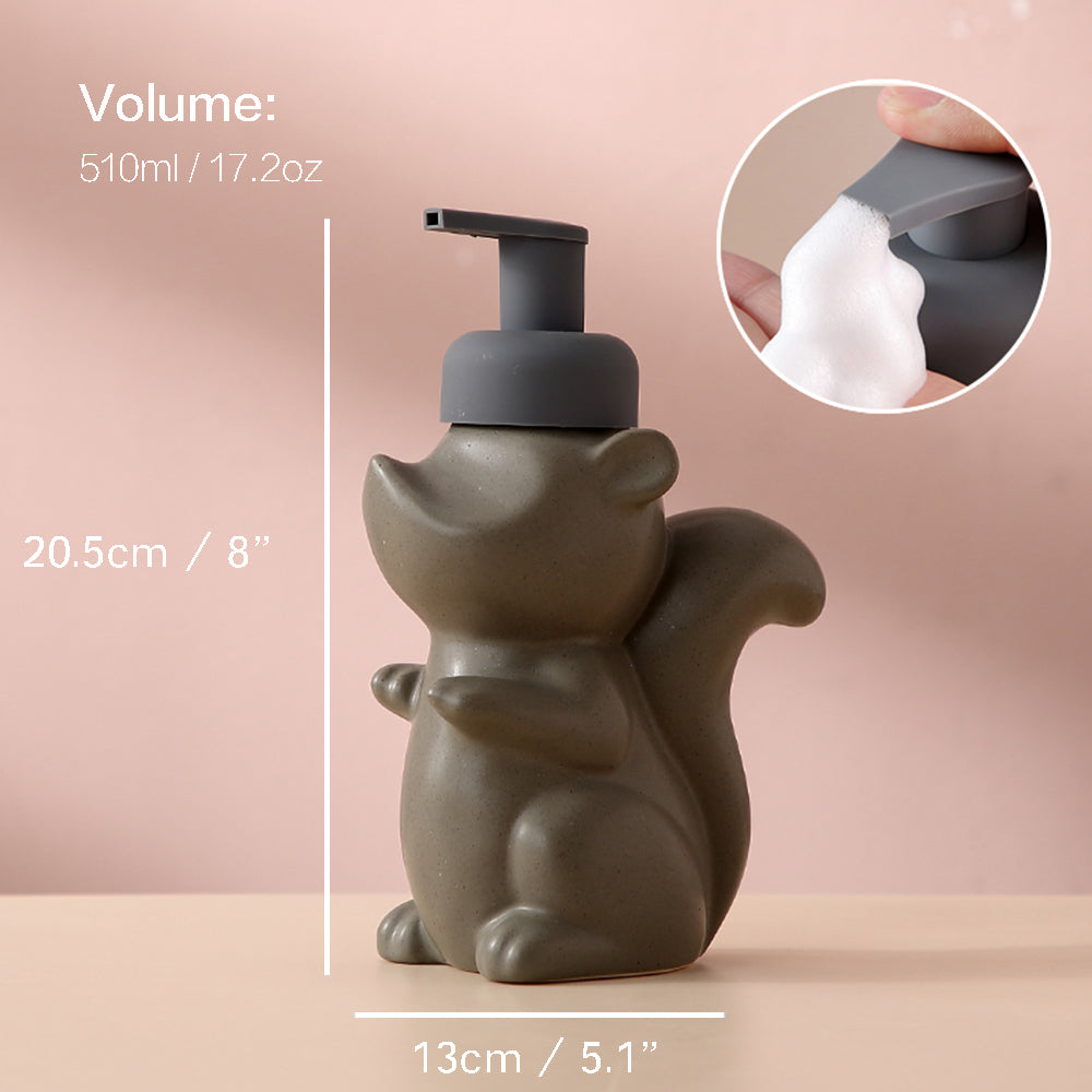Skanto | Ceramic Soap Dispenser, Squirrel Foam Pump Bathroom Bottle, Animal Design, Refillable Reusable Lotion Pump for Bath Kitchen, 510ml/17.2oz