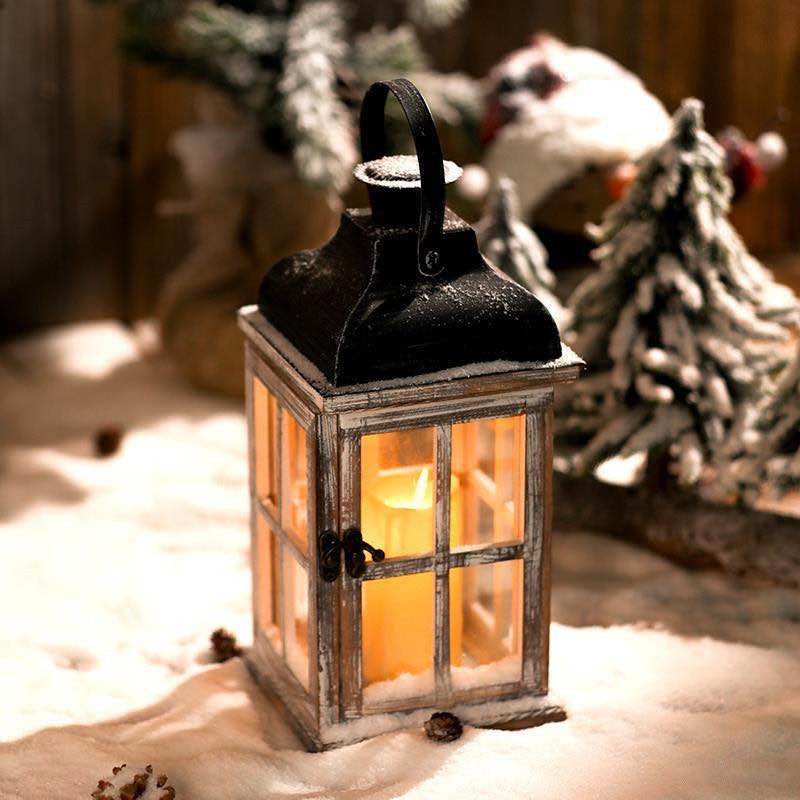 Distressed Wood Glass Candle Lantern with Perforated Metal Top and Vintage Latch Acalora