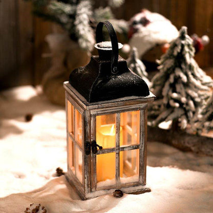 Distressed Wood Glass Candle Lantern with Perforated Metal Top and Vintage Latch Acalora