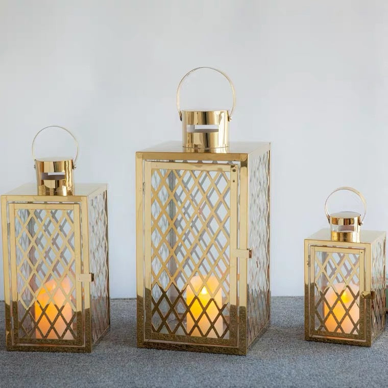 Modern Polished Lattice Metal Lantern Collection with Hinged Door and Top Loop Handle Acalora