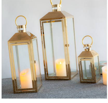 Decorative Gold-Trimmed Glass Lantern Trio with Hinged Door and Carry Ring Acalora