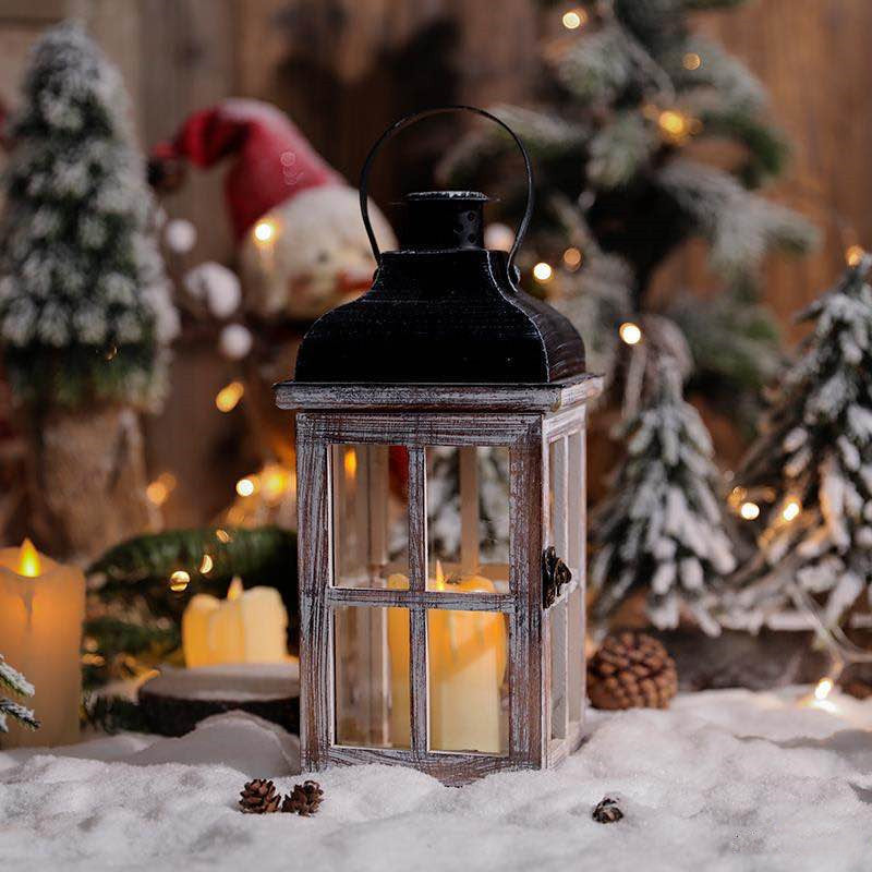 Distressed Wood Glass Candle Lantern with Perforated Metal Top and Vintage Latch Acalora