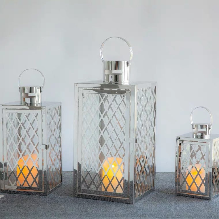 Modern Polished Lattice Metal Lantern Collection with Hinged Door and Top Loop Handle Acalora