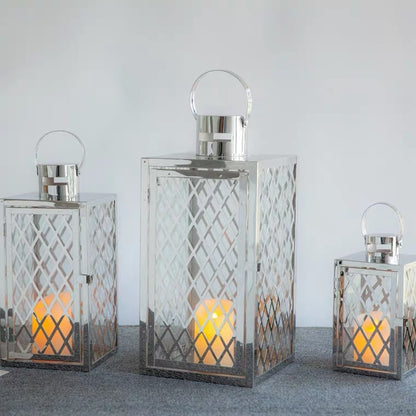 Modern Polished Lattice Metal Lantern Collection with Hinged Door and Top Loop Handle Acalora