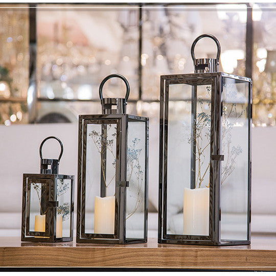 Stainless-Steel Glass Panel Rectangular Lanterns with Ring Handles and Hinged Door Acalora