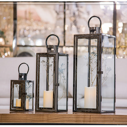 Stainless-Steel Glass Panel Rectangular Lanterns with Ring Handles and Hinged Door Acalora