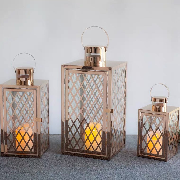 Modern Polished Lattice Metal Lantern Collection with Hinged Door and Top Loop Handle Acalora