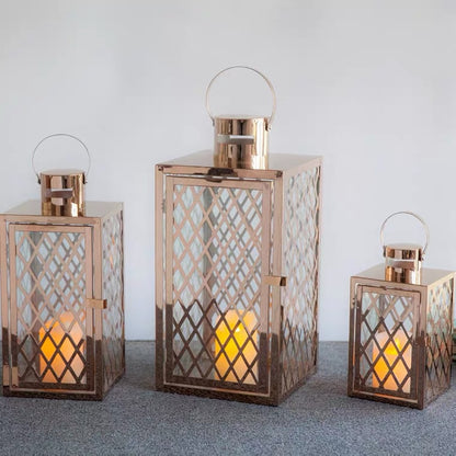 Modern Polished Lattice Metal Lantern Collection with Hinged Door and Top Loop Handle Acalora