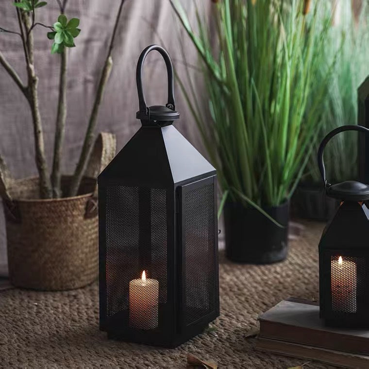 Decorative Mesh Metal Candle Lantern Trio with Hinged Door and Carry Handle Acalora