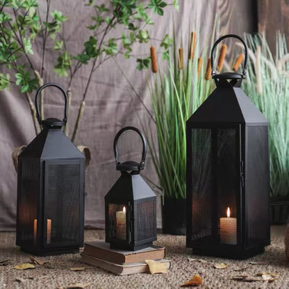 Decorative Mesh Metal Candle Lantern Trio with Hinged Door and Carry Handle Acalora