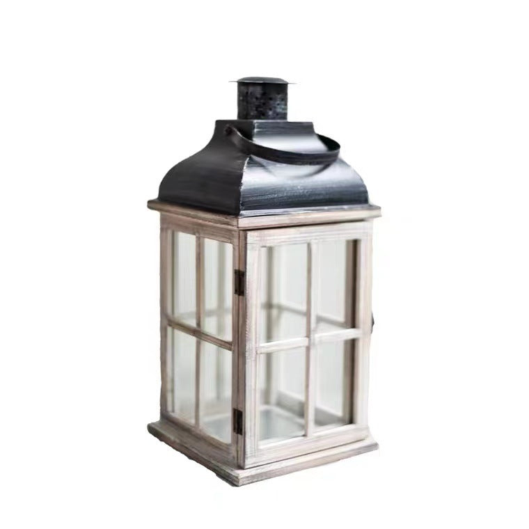 Vintage Farmhouse Glass-Paneled Wooden Lantern with Metal Roof Candle Holder Acalora