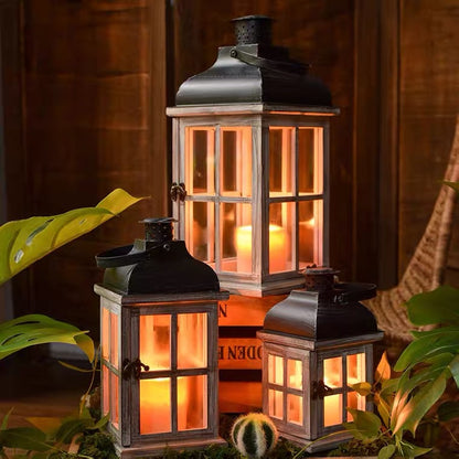 Vintage Farmhouse Glass-Paneled Wooden Lantern with Metal Roof Candle Holder Acalora