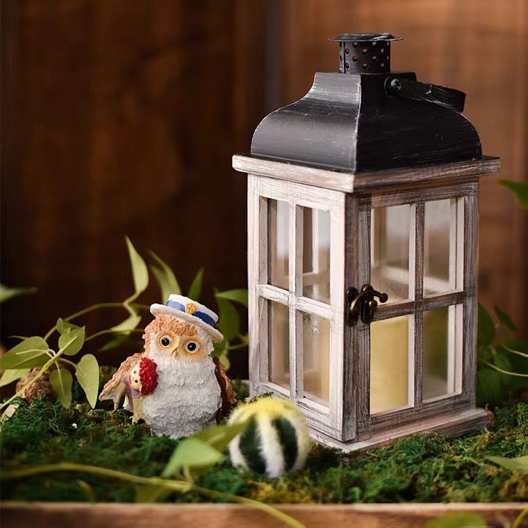 Vintage Farmhouse Glass-Paneled Wooden Lantern with Metal Roof Candle Holder Acalora